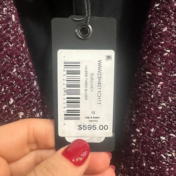 NWT $595 rag & bone Wool Blend Burgundy Valerie Tweed Blazer, Sz 12 (LL-1132) - Picture 10 of 13